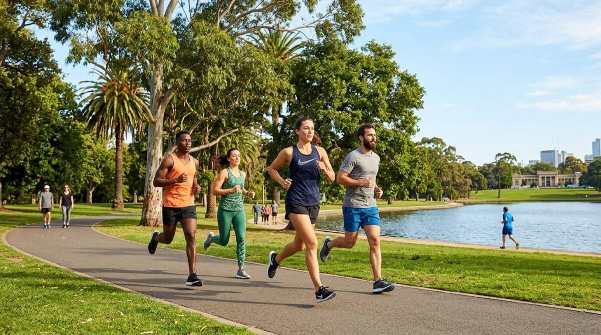 Four adults running on a paved path in a green park near a lake