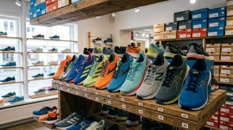 Melhores Tênis de Corrida até R$ 300 em 2026 6 Row of colorful running shoes displayed on wooden shelves with size labels