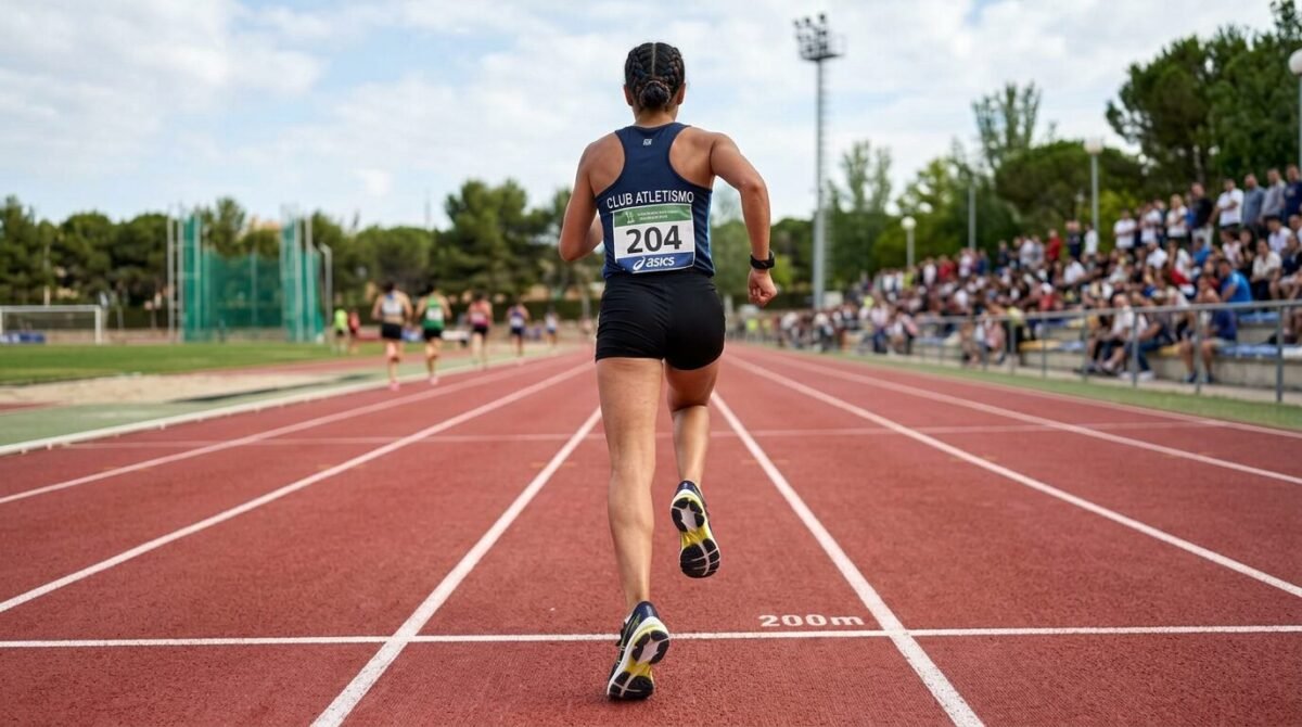 Runner wearing number 204 sprinting on a red athletic track