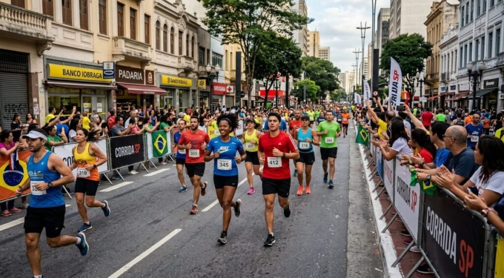 Runners with bib numbers jogging on city street during a race surrounded by spectators
