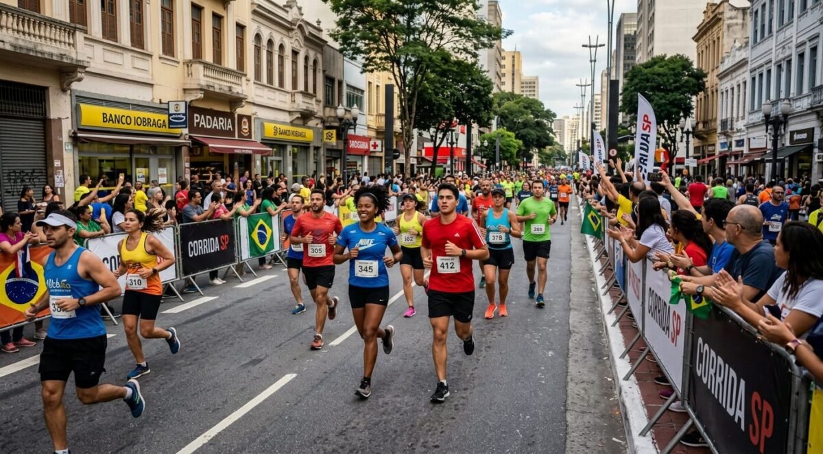 Runners with bib numbers jogging on city street during a race surrounded by spectators
