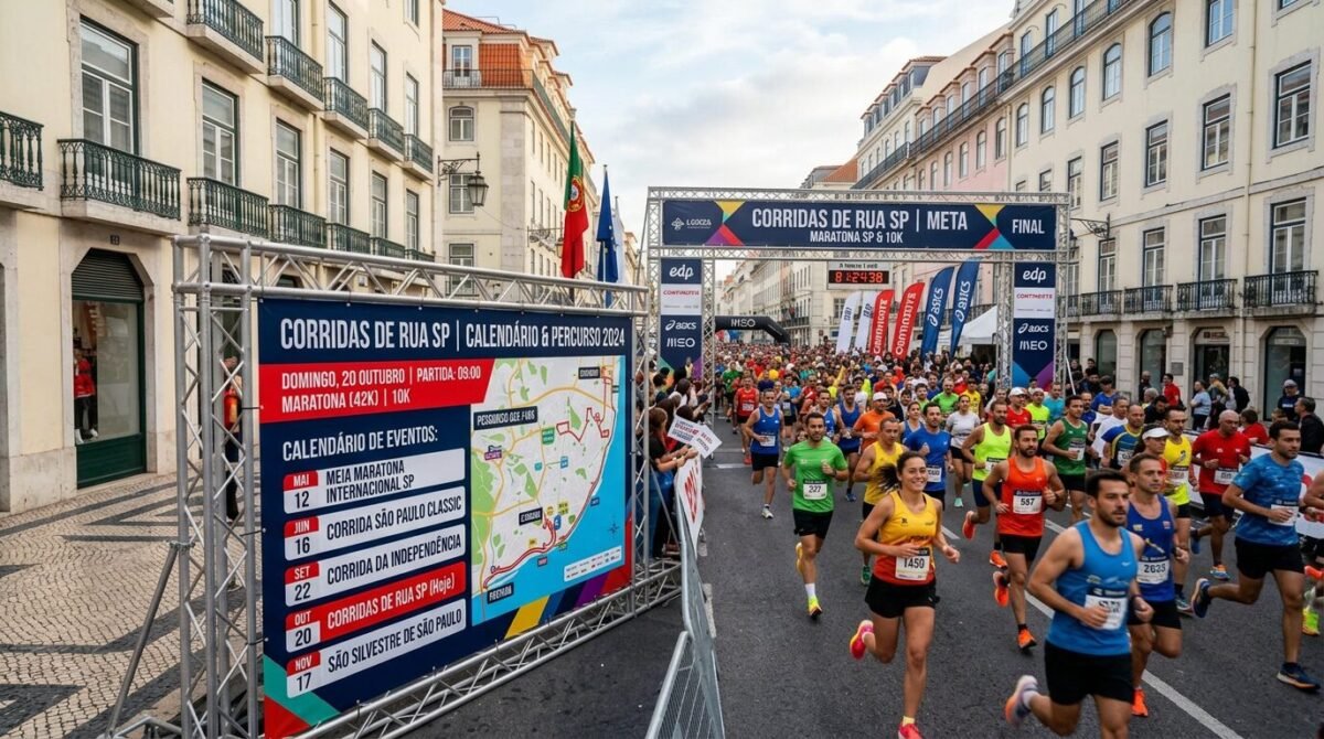 Runners starting the Lisboa Run Fest marathon and 10K race under a large start banner