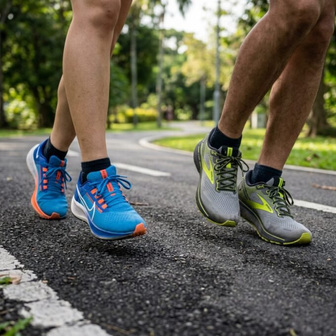 Close-up of two pairs of running shoes on asphalt path